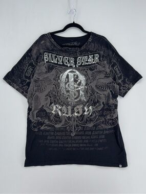Y2K Silver Star Affliction Style Grunge T-shirt Mens Size XXL Black 2000s Cyber